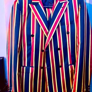 Stripe 3 piece suit . Tapered pants slim fit vest and blazer